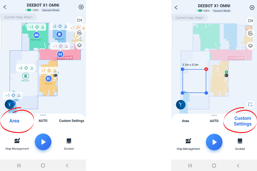 Einzelraumreinigung bzw. Bereichsreinigung wird in der Ecovacs Home App ausgewählt